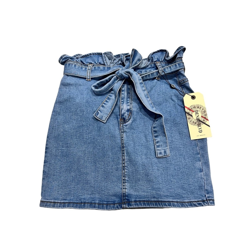 Denim BLVD High Waist Paperbag Waist Button Belted Denim Skirt‎ Small